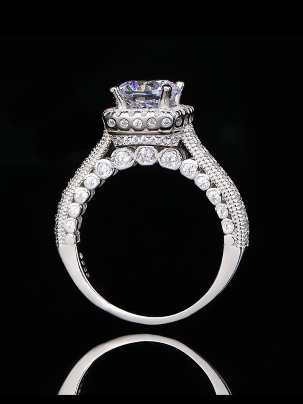 Engraved real 925 Sterling Silver classic women Ring with Gemstone/ lab diamond